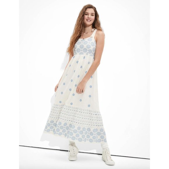 American Eagle Outfitters Dresses & Skirts - American Eagle Cream and Blue Embroidered Midi Dress